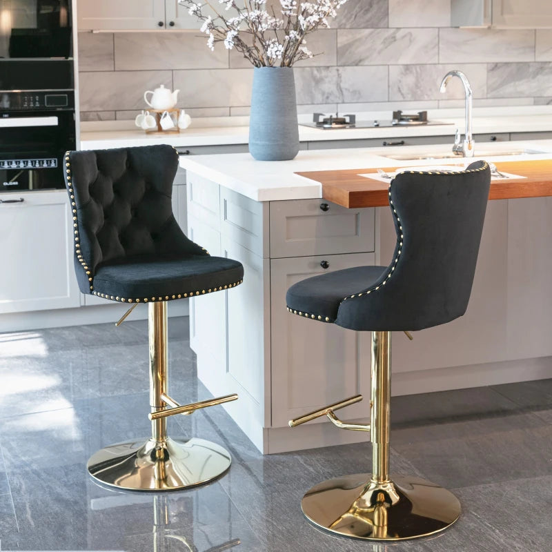 Set of Two Velvet Studded Swivel Bar stool - Black