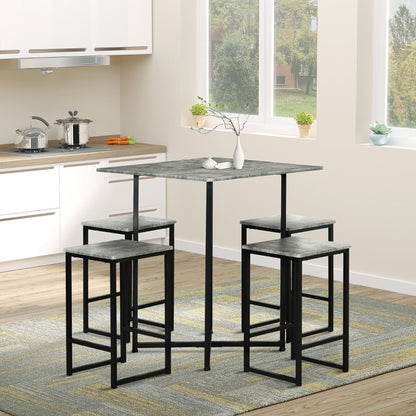 Square Bar Table with Stools  Set for 4 People, with Steel Frame and Footrest, Grey