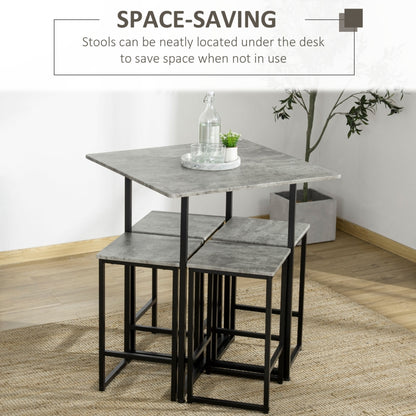 Square Bar Table with Stools  Set for 4 People, with Steel Frame and Footrest, Grey