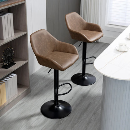 Set of 2, Adjustable Leather and Steel Base Kitchen Bar stools - Black