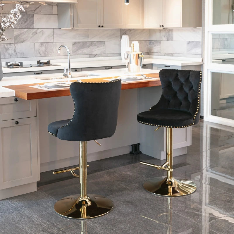 Set of Two Velvet Studded Swivel Bar stool - Black