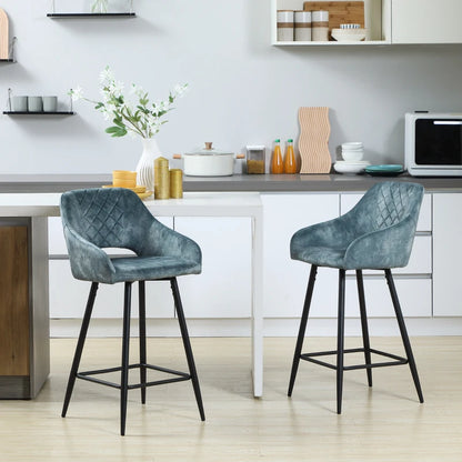 Set of 2 Velvet-Touch Fabric Kitchen Stools with Steel Legs - Blue