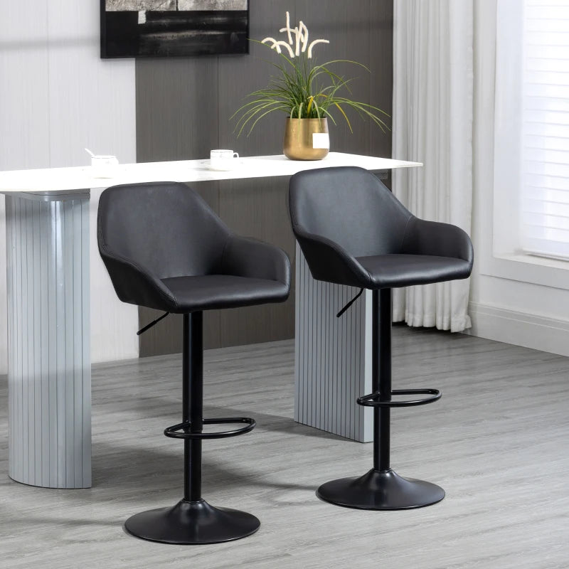 Set of 2, Adjustable Leather and Steel Base Kitchen Bar stools - Black