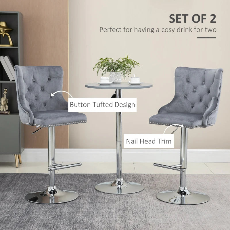 Set of 2, Modern Velvet Adjustable Bar Stools with Button Tufted Back - Grey