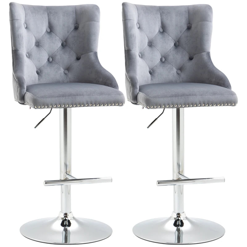 Set of 2, Modern Velvet Adjustable Bar Stools with Button Tufted Back - Grey