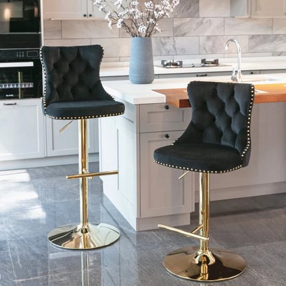 Set of Two Velvet Studded Swivel Bar stool - Black