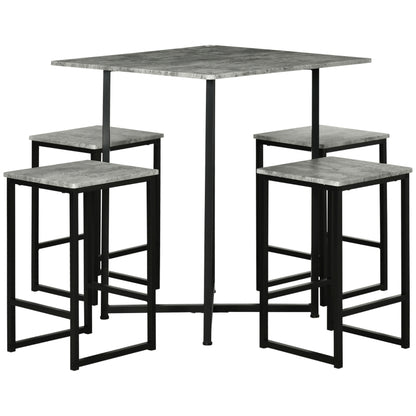 Square Bar Table with Stools  Set for 4 People, with Steel Frame and Footrest, Grey