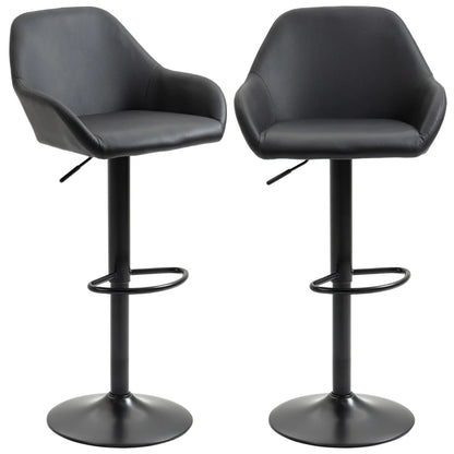 Set of 2, Adjustable Leather and Steel Base Kitchen Bar stools - Black