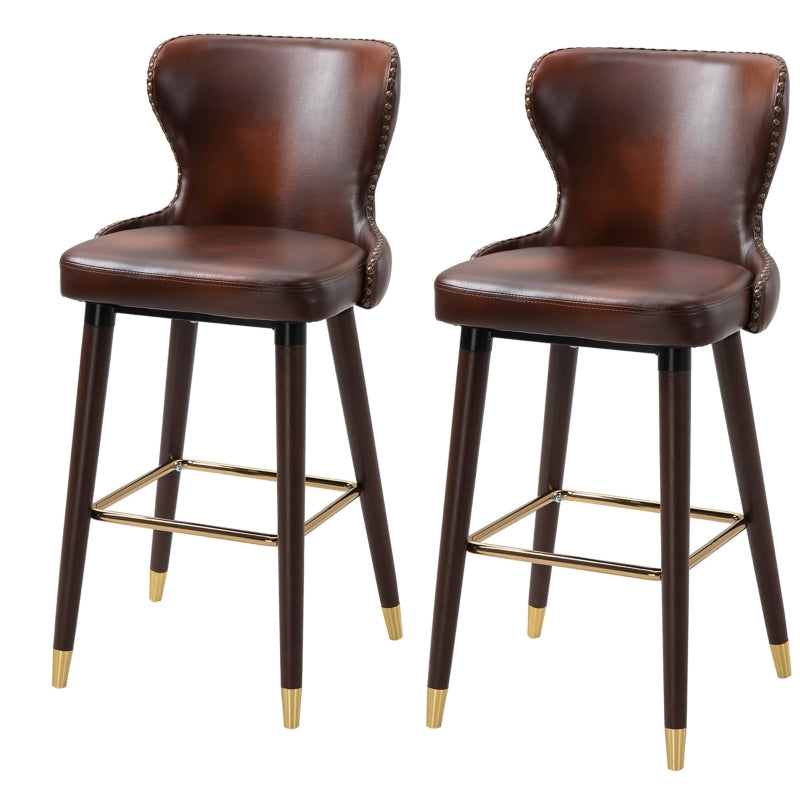 Set of 2 Leather Vintage Counter-Height Bar Chair, Luxury European Style Kitchen Stools with Back, Brown