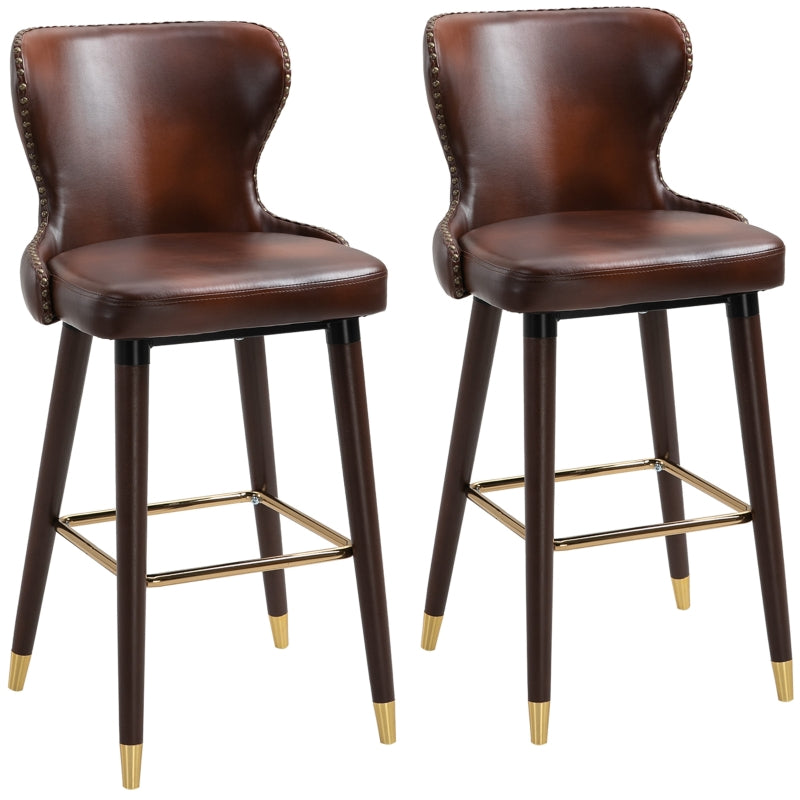 Set of 2 Leather Vintage Counter-Height Bar Chair, Luxury European Style Kitchen Stools with Back, Brown