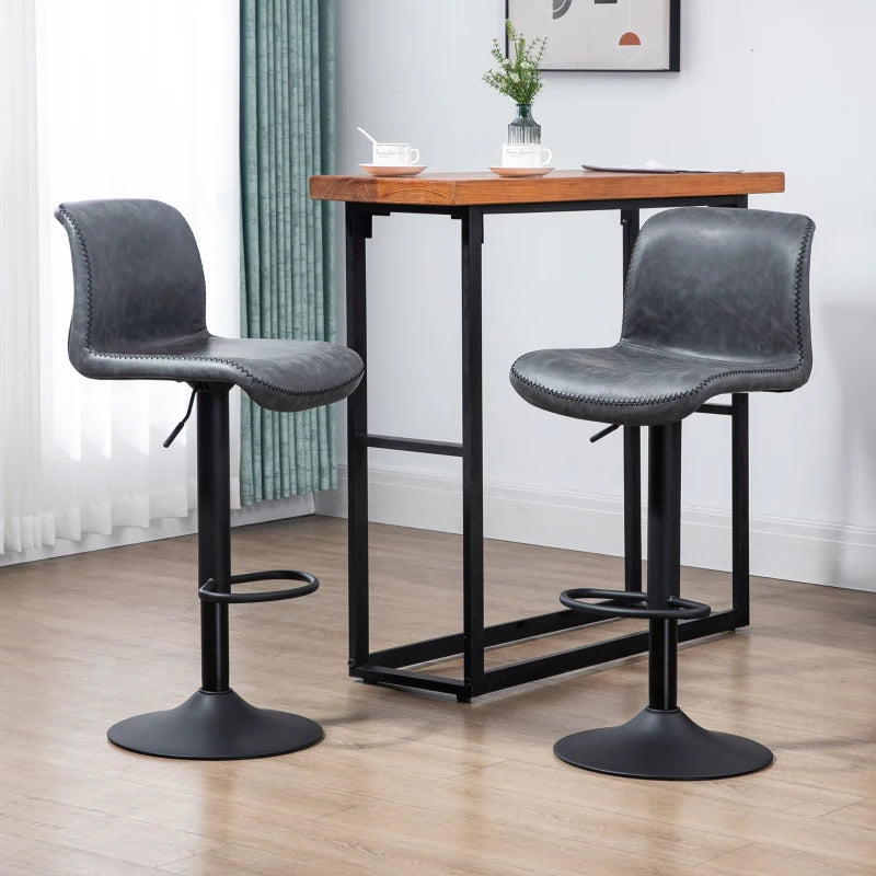 Set of 2, Leather Breakfast Bar Stool Adjustable - Dark Grey