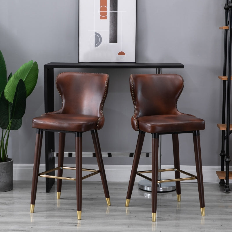 Set of 2 Leather Vintage Counter-Height Bar Chair, Luxury European Style Kitchen Stools with Back, Brown