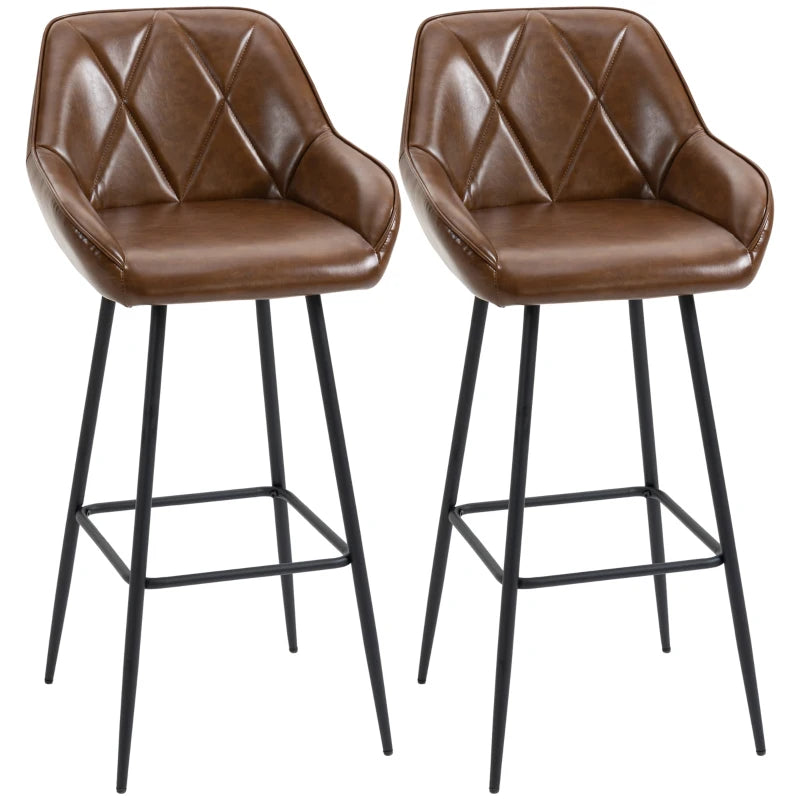 Set of 2, Retro Breakfast Bar Chairs with Footrests and Steel Legs - Brown