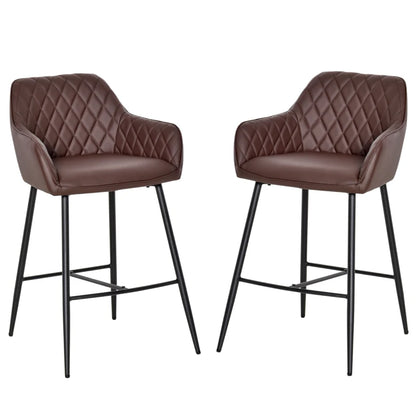 Set of 2, Retro PU Leather Bar Chairs w/ Footrest Metal Frame - Brown