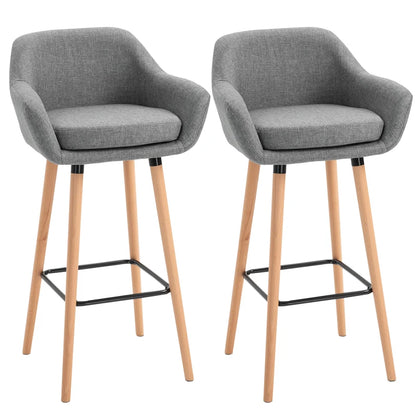 Set of 2 Bar Stools Modern Upholstered Seat Bar Chairs w/ Metal Frame, Solid Wood Legs