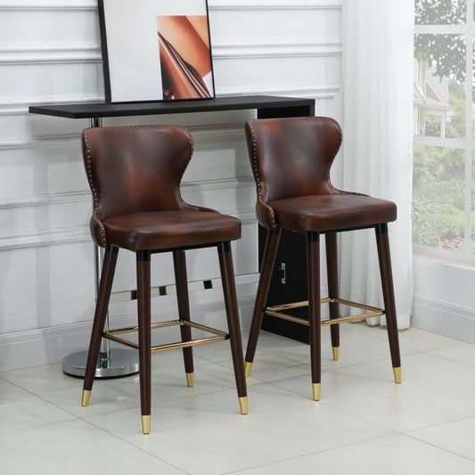 Set of 2 Leather Vintage Counter-Height Bar Chair, Luxury European Style Kitchen Stools with Back, Brown