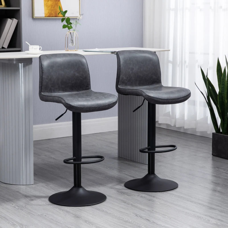 Set of 2, Leather Breakfast Bar Stool Adjustable - Dark Grey