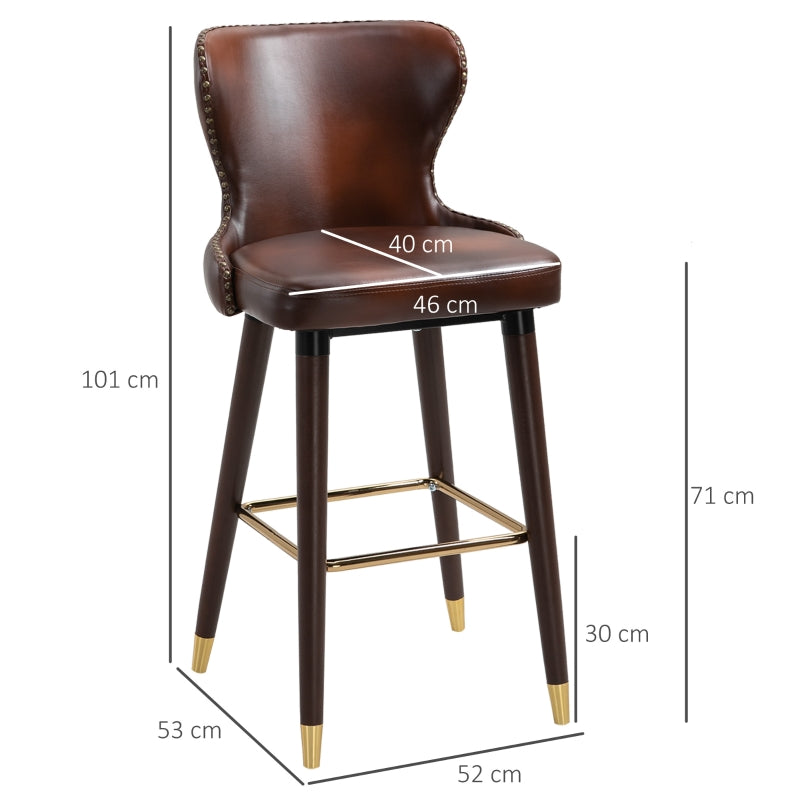 Set of 2 Leather Vintage Counter-Height Bar Chair, Luxury European Style Kitchen Stools with Back, Brown