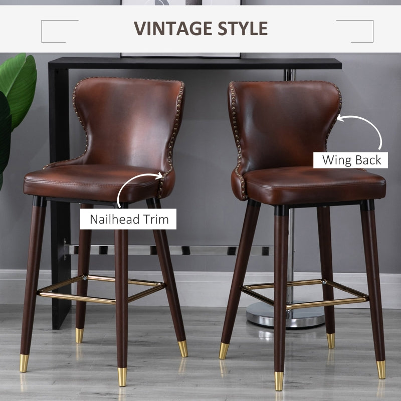 Set of 2 Leather Vintage Counter-Height Bar Chair, Luxury European Style Kitchen Stools with Back, Brown