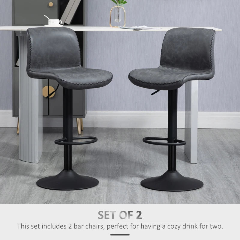 Set of 2, Leather Breakfast Bar Stool Adjustable - Dark Grey