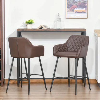 Set of 2, Retro PU Leather Bar Chairs w/ Footrest Metal Frame - Brown