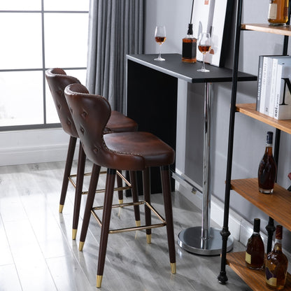 Set of 2 Leather Vintage Counter-Height Bar Chair, Luxury European Style Kitchen Stools with Back, Brown