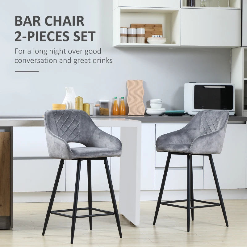 HOMCOM Velvet-Touch Fabric Counter Height Bar Chairs, Grey