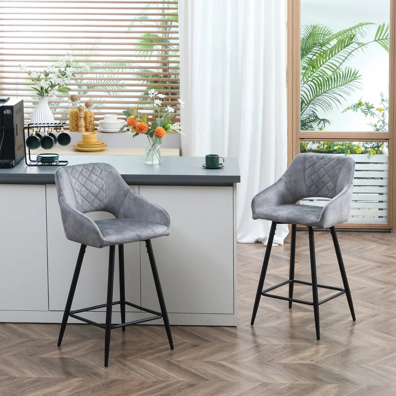 Set of 2 Velvet-Touch Fabric Kitchen Stools with Steel Legs - Blue