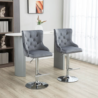 Set of 2, Modern Velvet Adjustable Bar Stools with Button Tufted Back - Grey