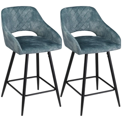 Set of 2 Velvet-Touch Fabric Kitchen Stools with Steel Legs - Blue