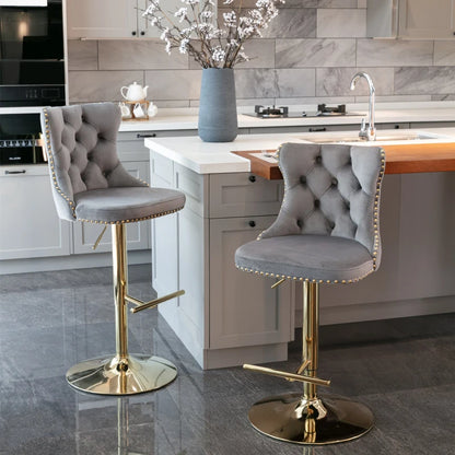 Set of Two Velvet Studded Swivel Bar stool - Black