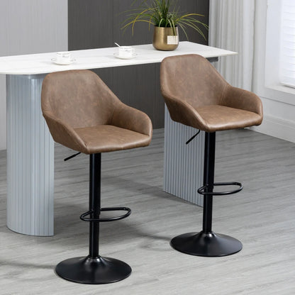 Set of 2, Adjustable Leather and Steel Base Kitchen Bar stools - Black